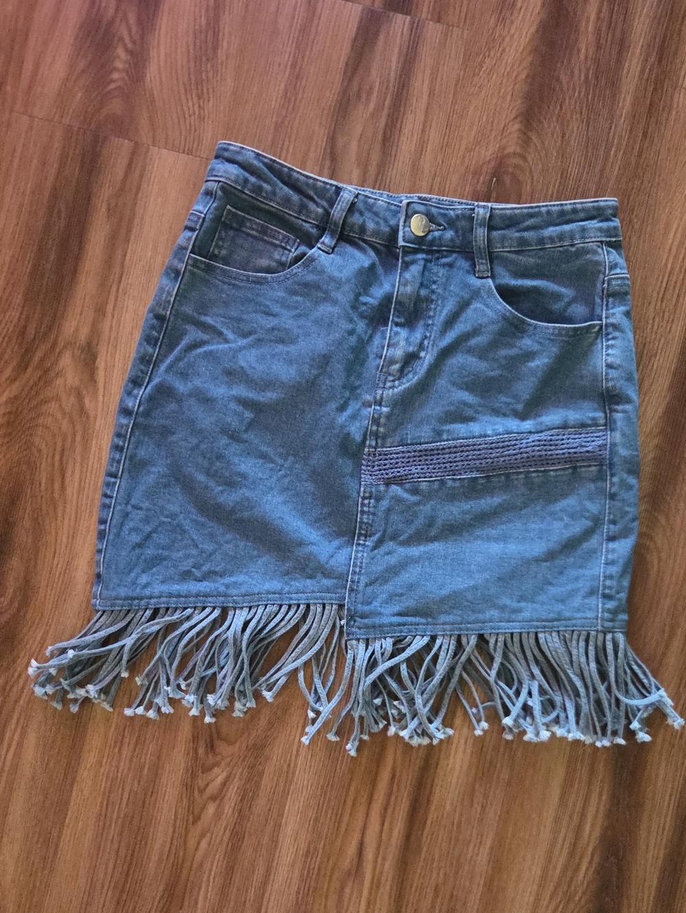 ONE MORE Denim Mini Skirt With Fringe Size Medium